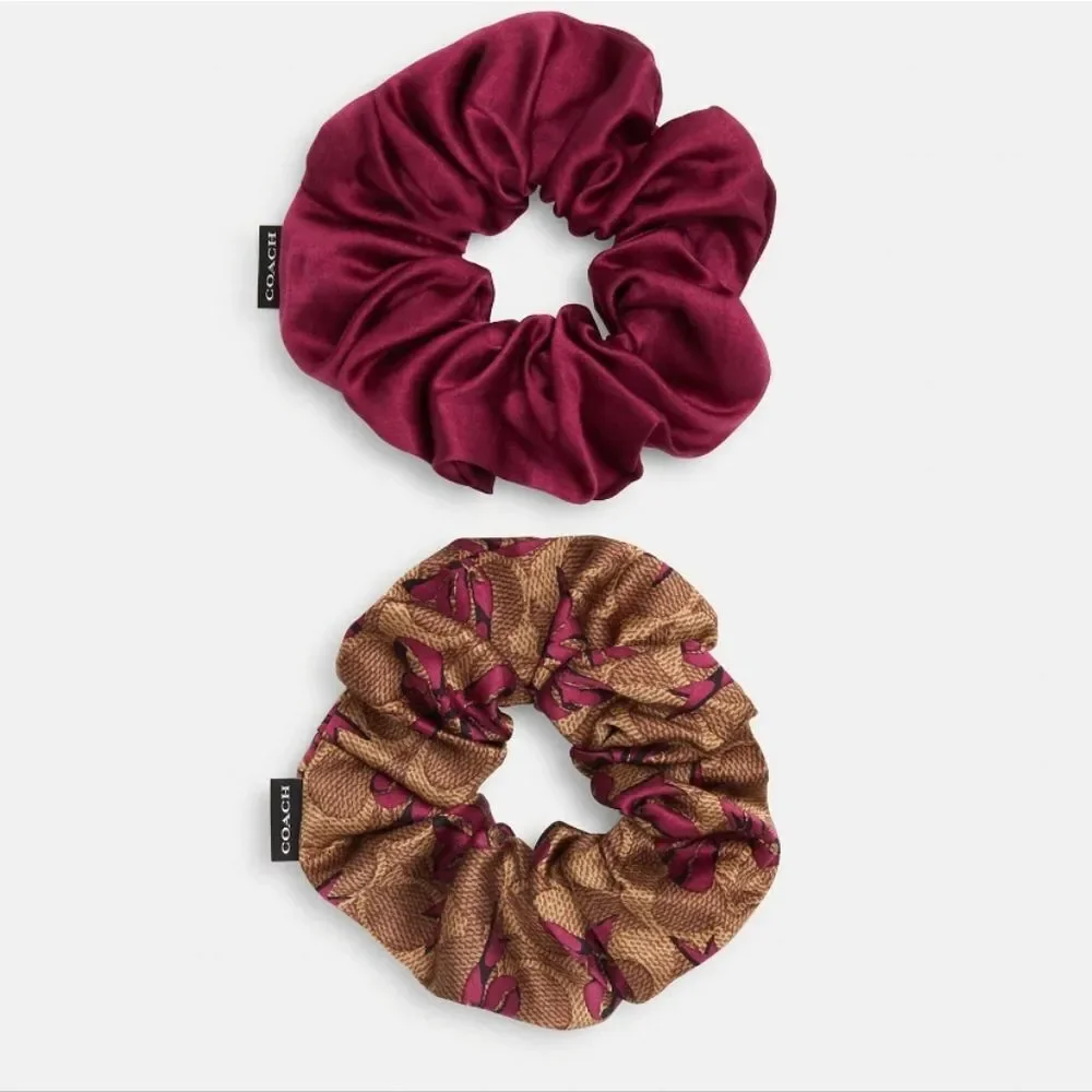 Coach Signature Bow Print Silk Blend Hair Tie Duo NWT